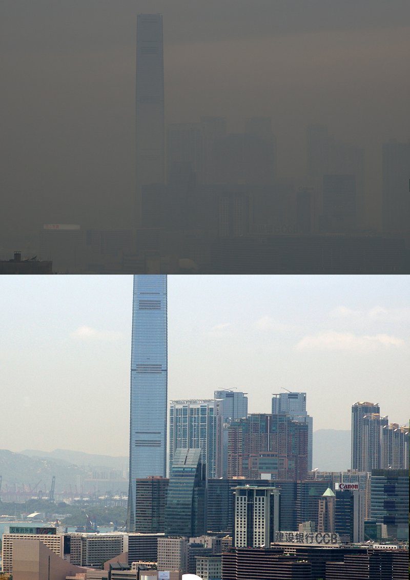 Pollution Hong Kong Harbour - good day versus bad day 