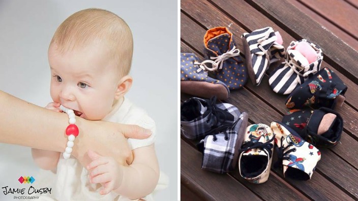 teething bracelet and baby shoes