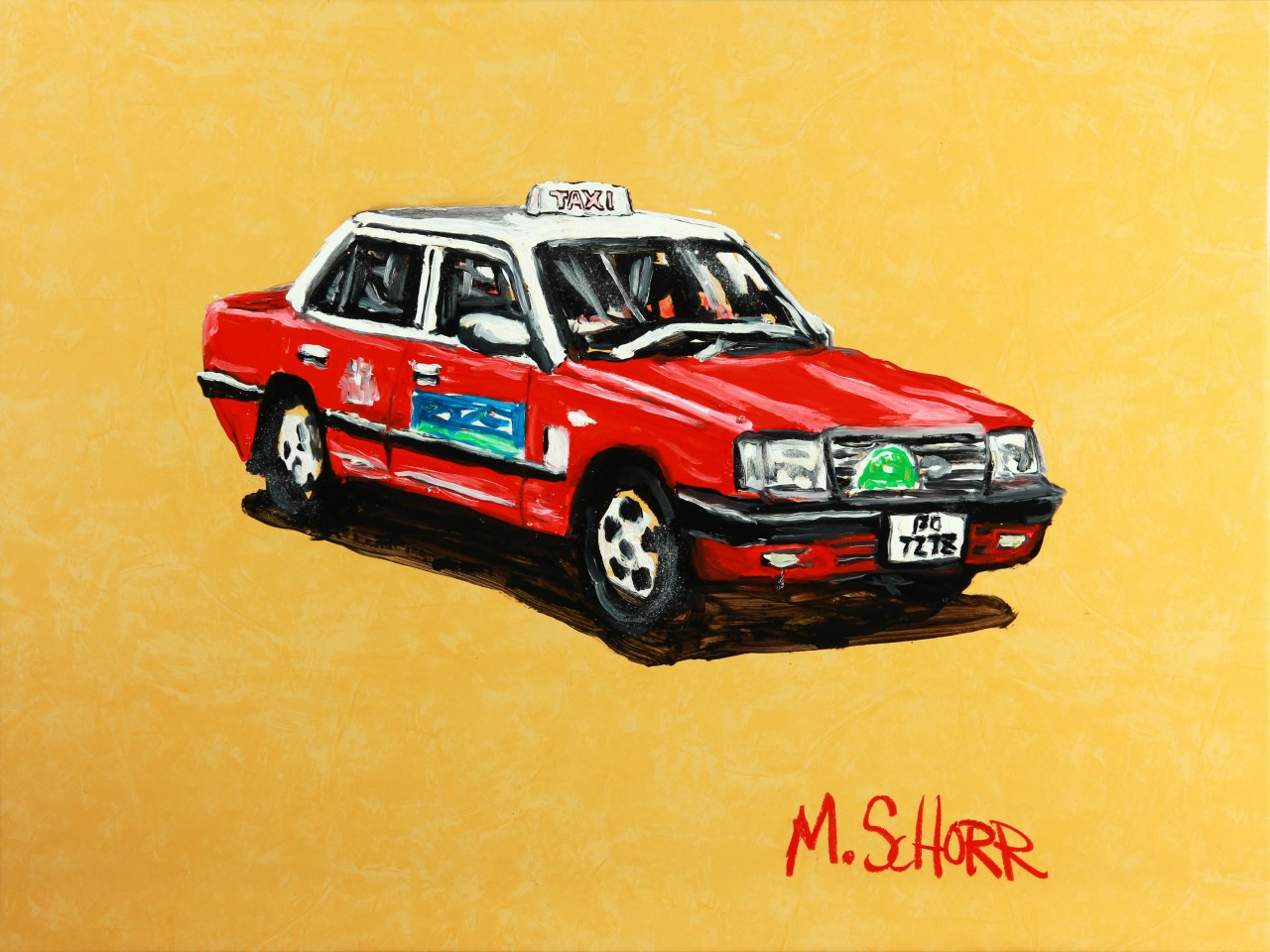 mural of Hong Kong red taxi by Mitchell Shorr