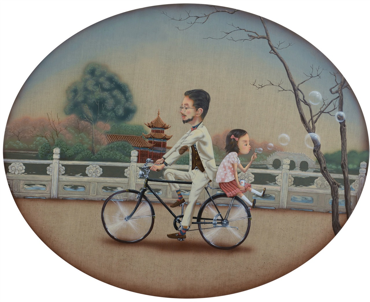 Painting of man and child on bicycle by Du Xi
