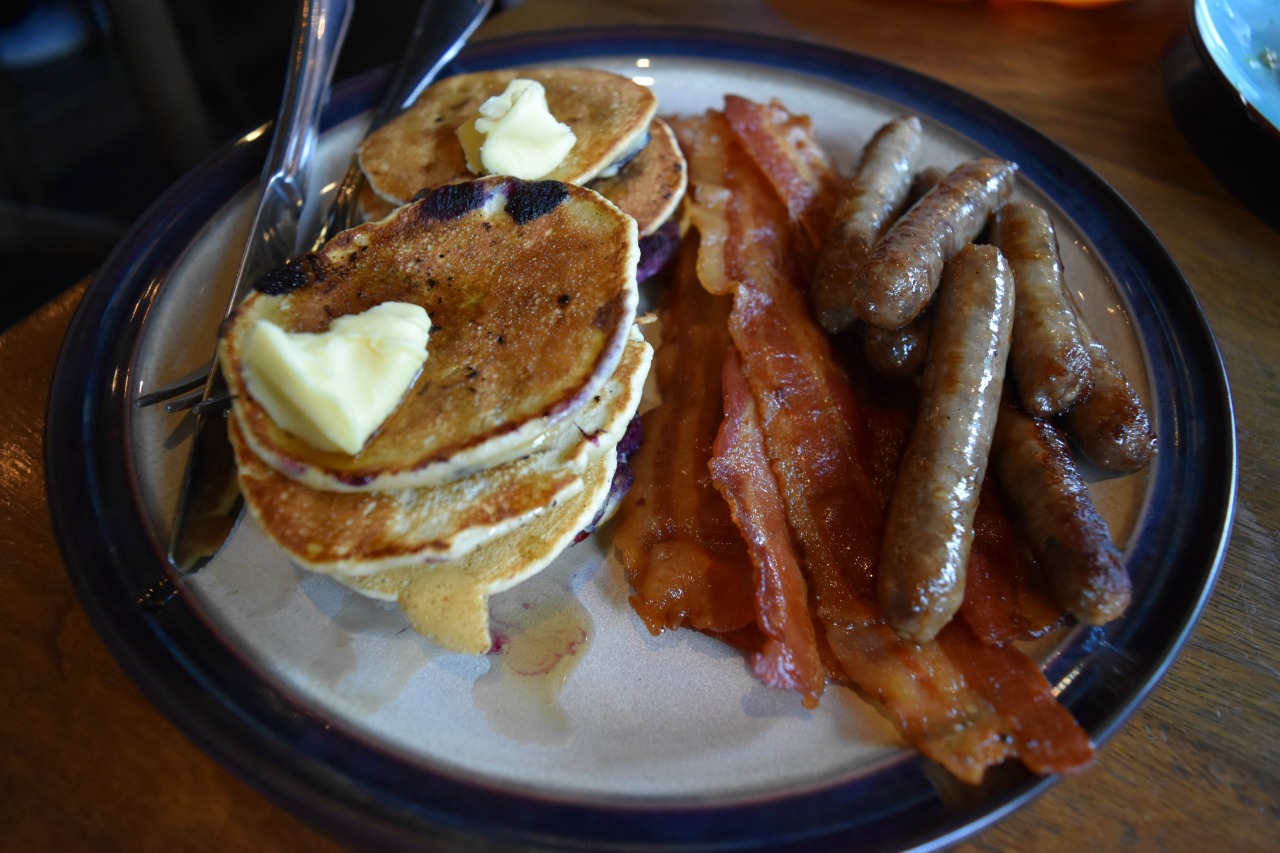 pancakes, bacon and sausages