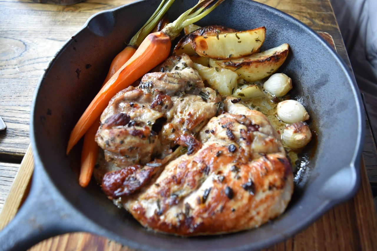 Spring Chicken, mediterranean herbs, pearl onions, roasted potatoes, baby carrots