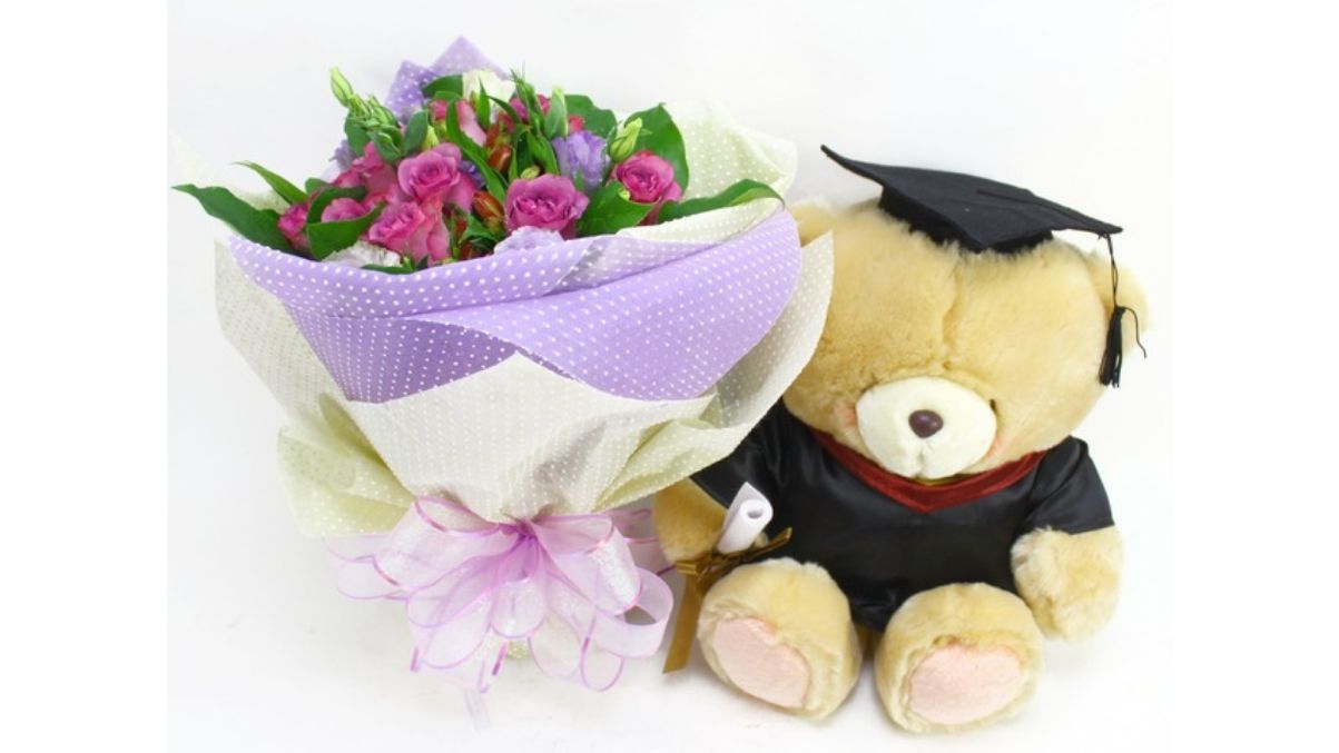 graduation flowers and teddy