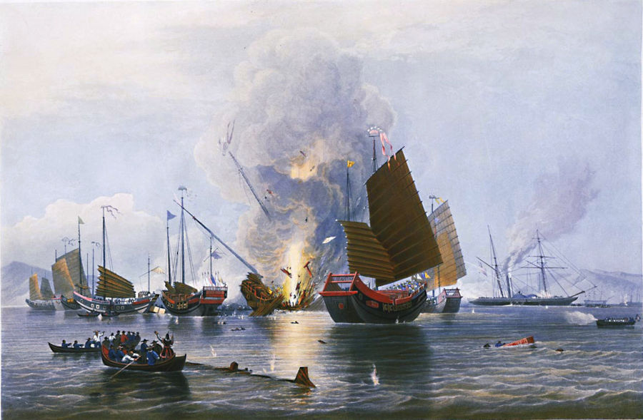 war junk exploding during the first opium war 