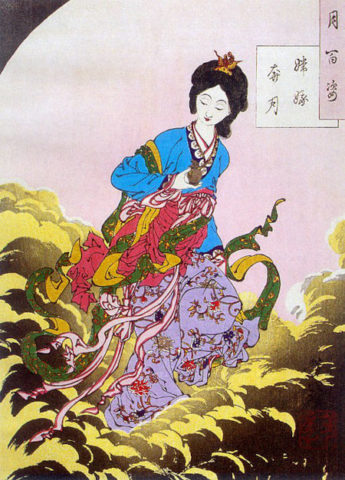 heng'e goddess of moon carrying the elixir of life in her hand