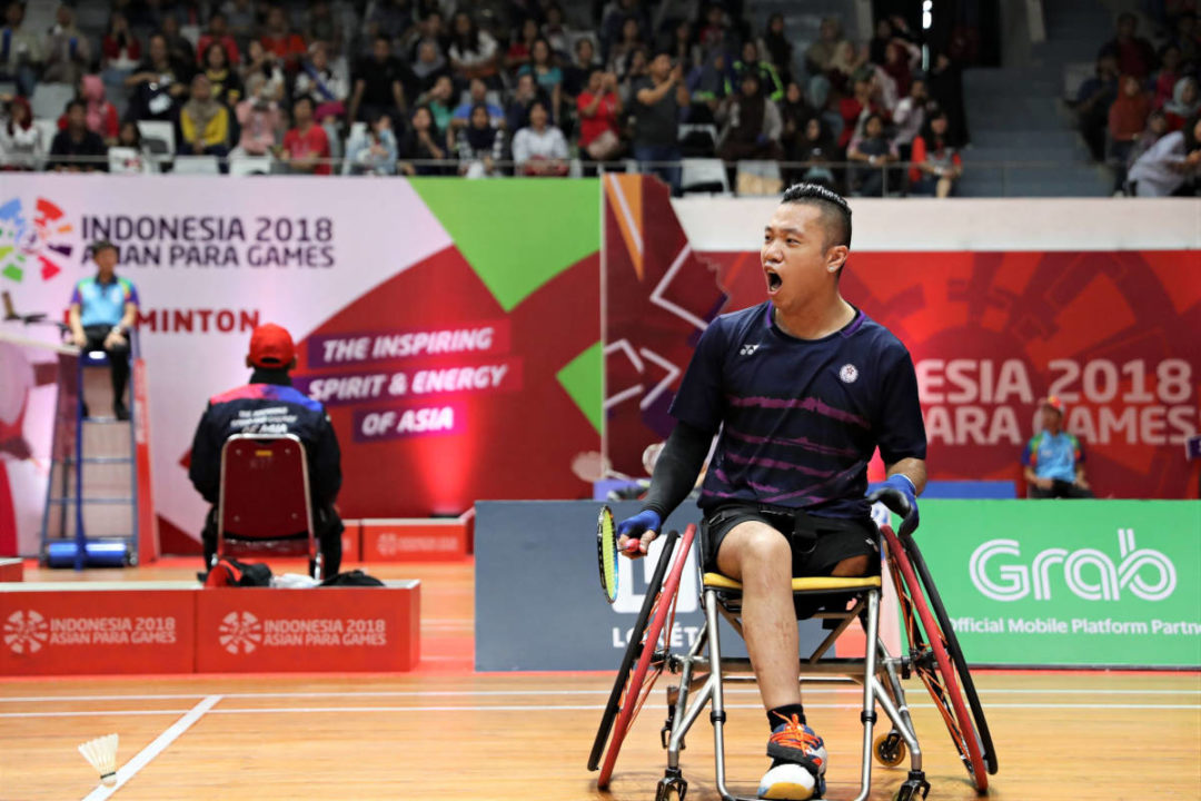 parabadminton player chan ho yuen celebrates at a competition