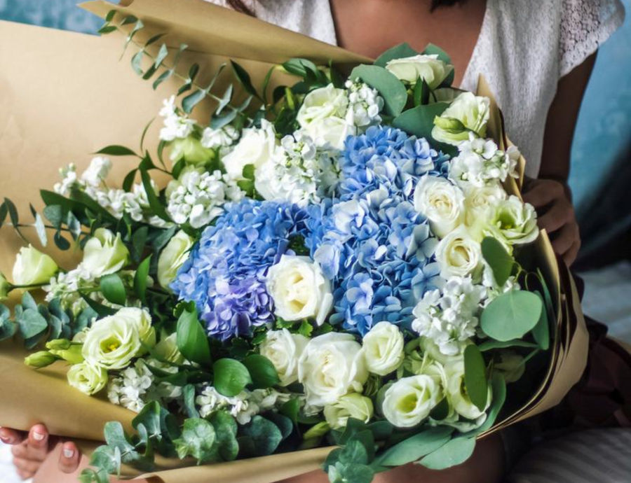 blue and white bouquet from flower chimp