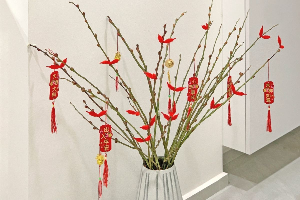 pussy willows with chinese new year decorations