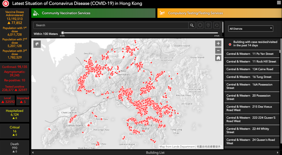 government dashboard showing latest covid situation in hong kong
