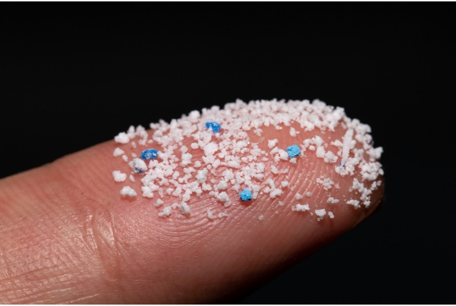microplastic particles on a finger