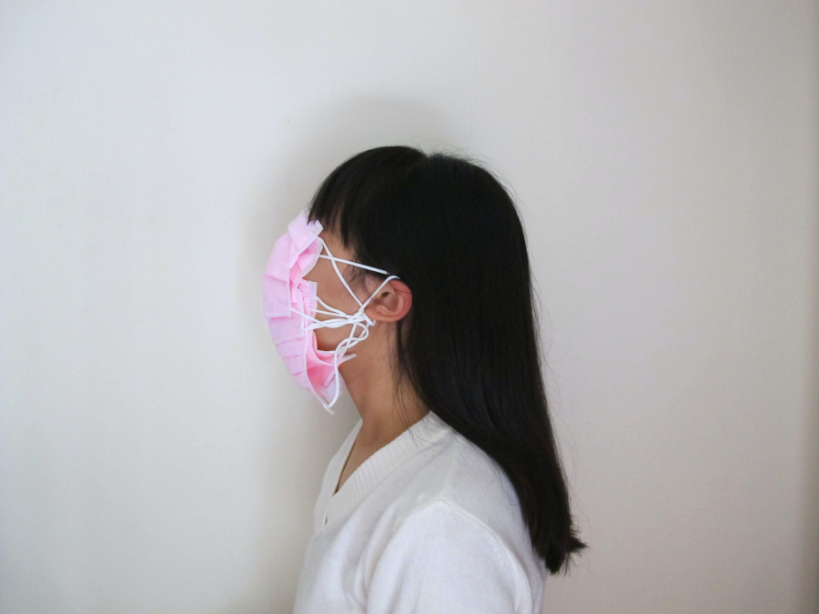 girl with multiple masks covering face
