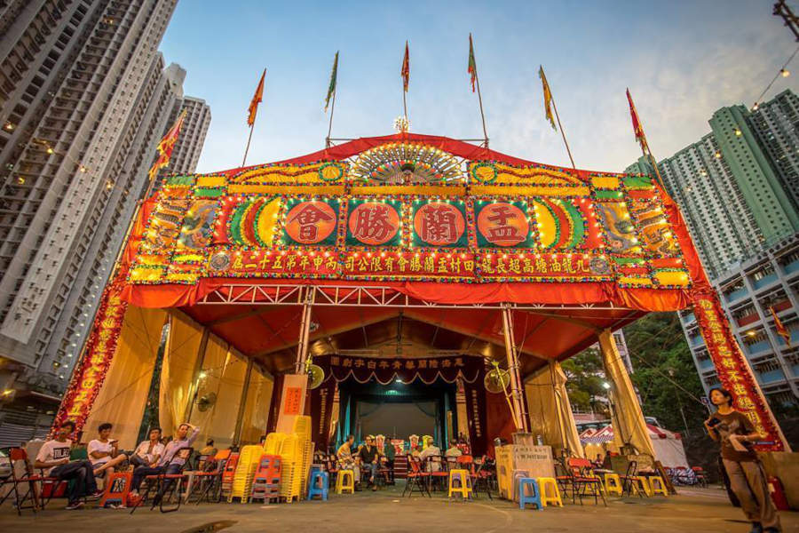 chinese opera tent in hong kong for hungry ghost festival