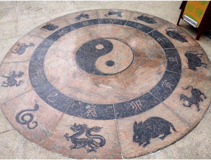 chinese zodiac animals and yin yang rock  engraving