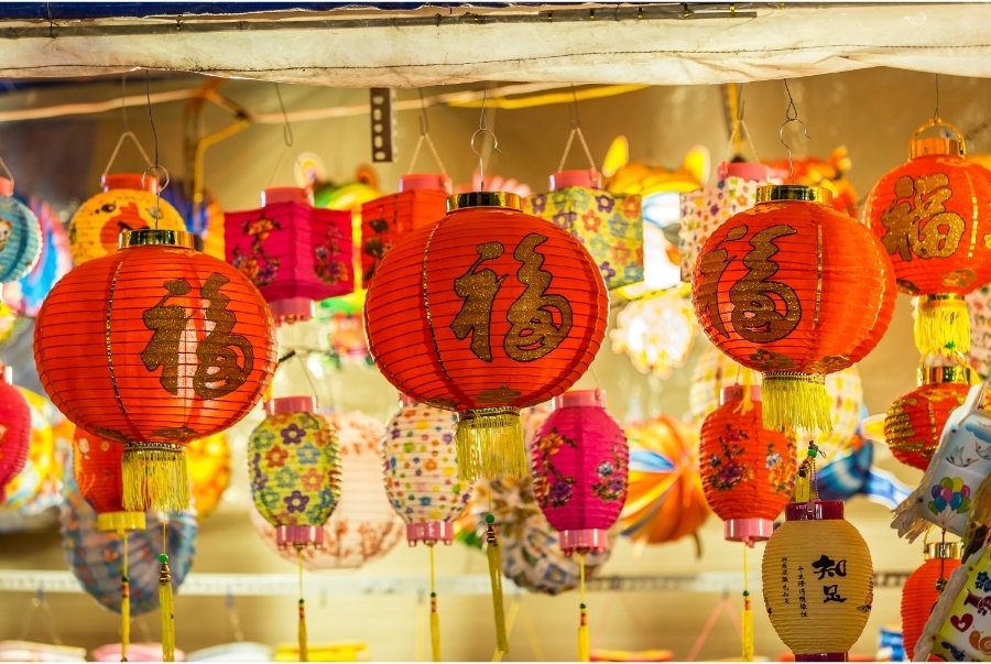 colourful round and square lanterns at moon festival market