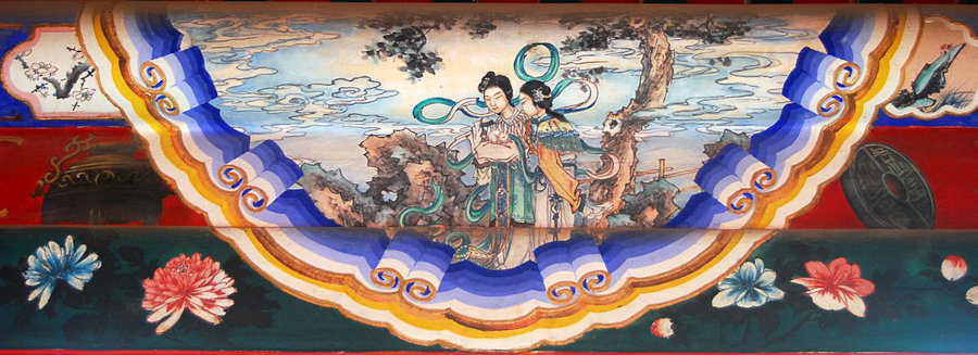corridor mural depicting chinese myth of winter moon