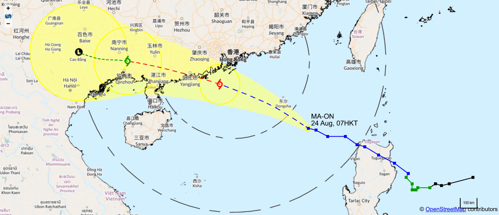 Location of MA-ON at 7AM on August 24 (Hong Kong Observatory)