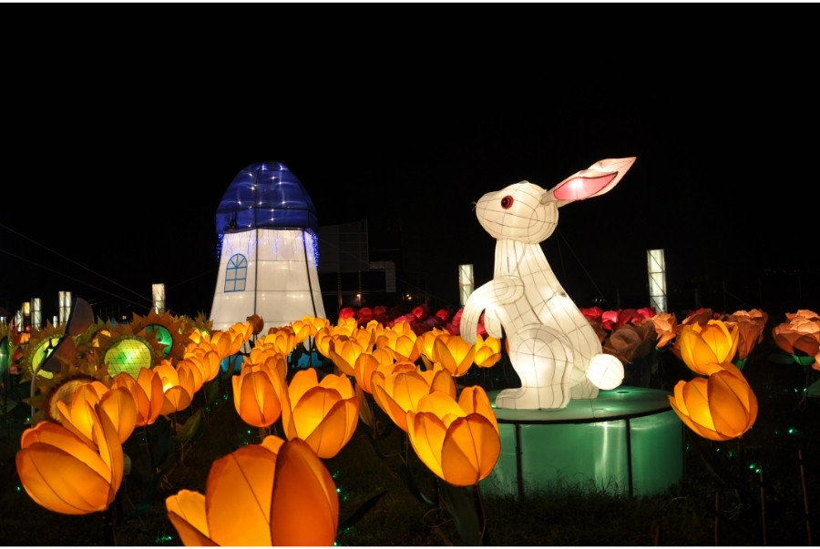rabbit and flowers in lantern display for mid autumn festival