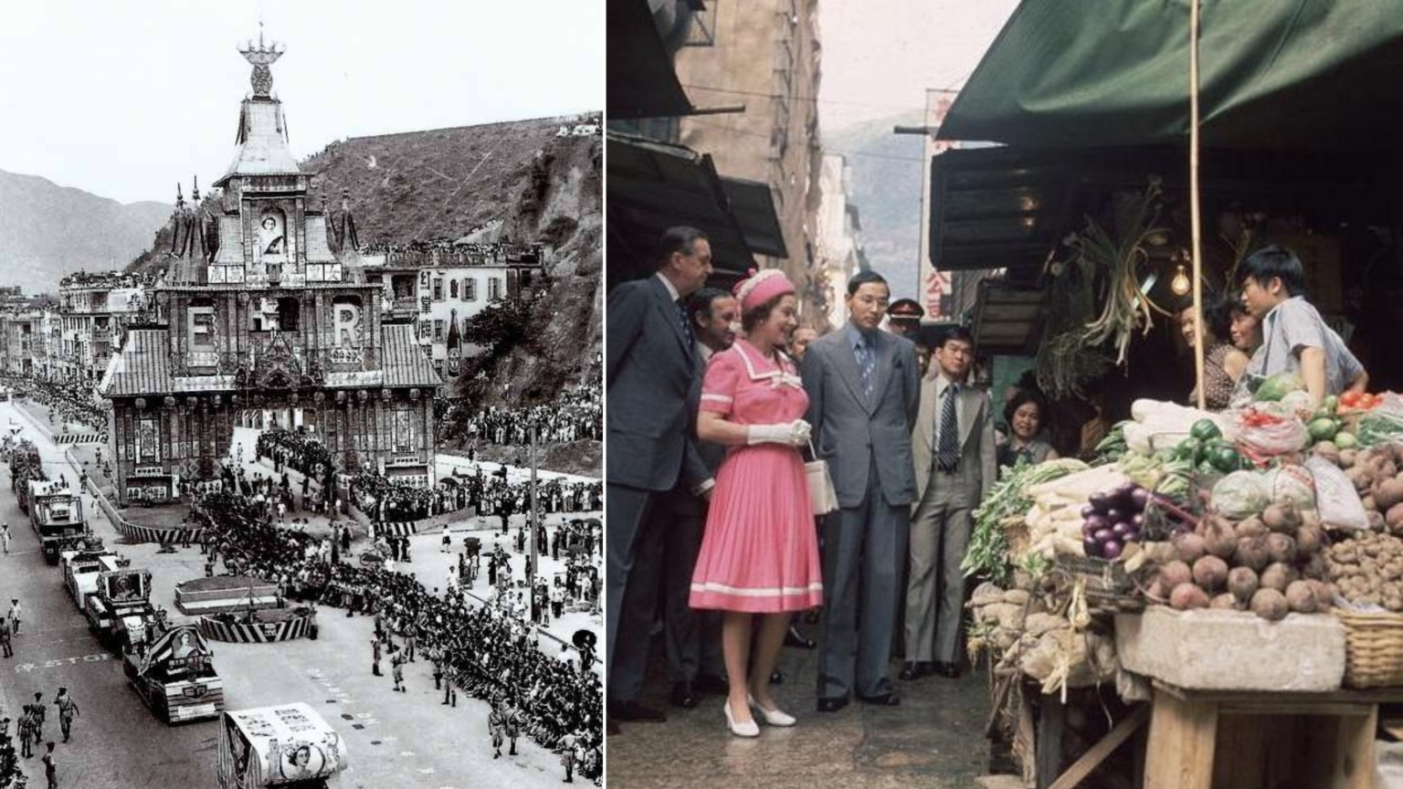 Queen Elizabeth II's coronation celebrations in Hong Kong, and the Queen visiting a market in the city in 1975.