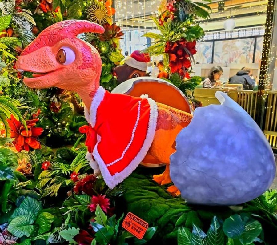 One of the Christmas-themed dinosaurs at Harbour North.