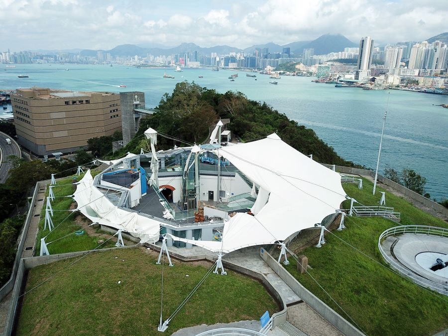 An aerial view of the damage done to the tensile fabric structure of the Hong Kong Museum of Coastal Defence.