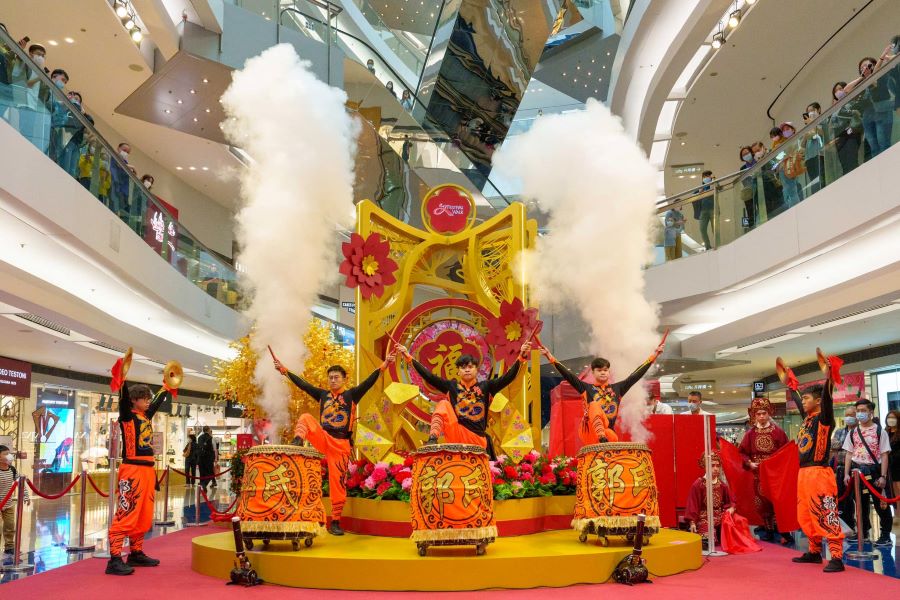 The award-winning Guo Kung Fu Golden Dragon and Lion Dance Team showcases their drum performances at Festival Walk.