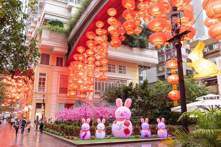 Lee Tung Avenue has a family of five rabbits at its Central Piazza and 688 lanterns suspended above the tree-lined street.
