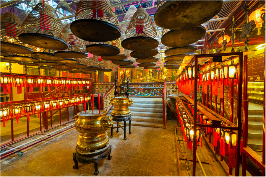 The spiral incense coils suspended from the ceiling of the Man Mo temple in Sheung Wan are the subject of many pictures online.