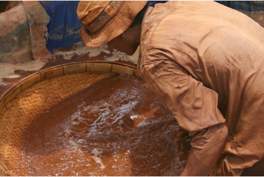 worker panning for gold in a small scale mine