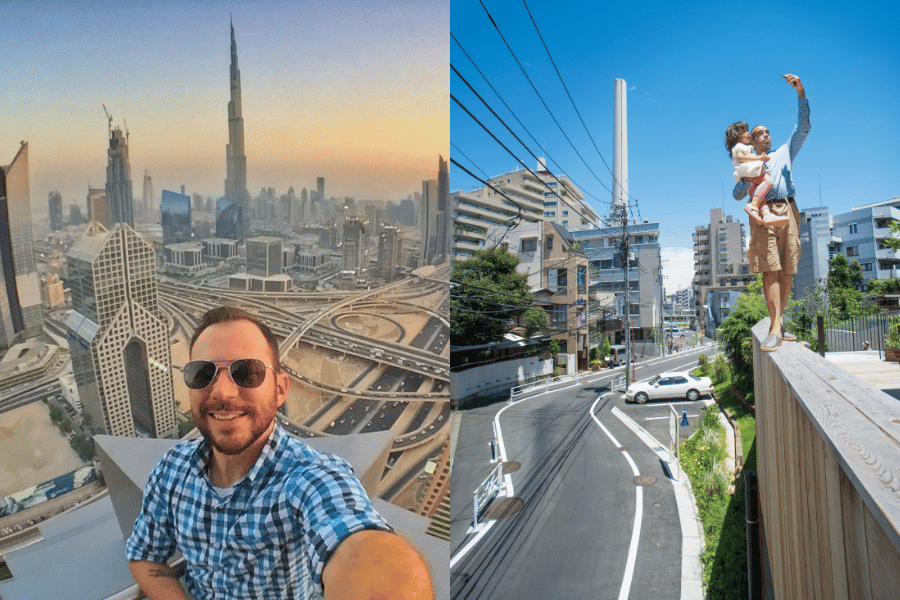man taking a photo on top of a building with the burj khalifa in the background; another image beside it of a man taking a picture on the edge of a tall building with his daughter in his arms