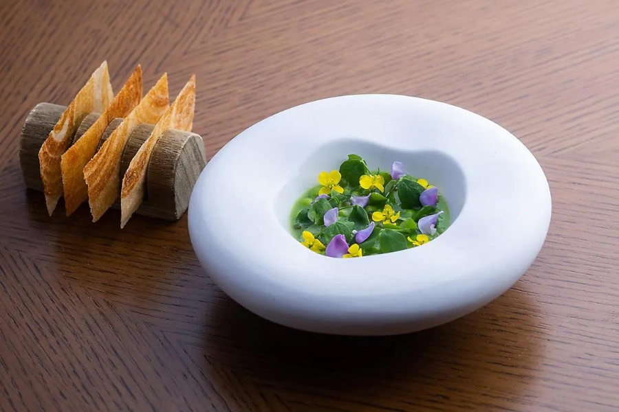 duck foie gras with green sauce and a bunch of edible flowers and leaves served in a deep plate and four crackers on the side