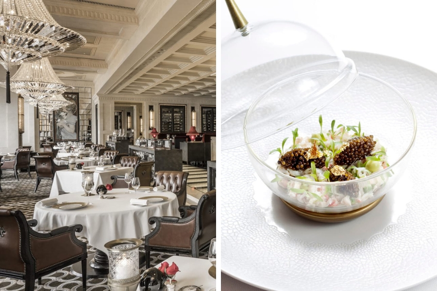 the main dining room has a grand white and metallic brown decor with chandeliers on the left, crab meat with caviar served in a transparent sphere bowl on a white plate
