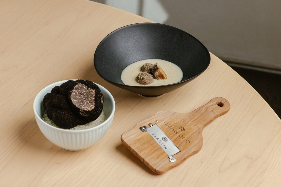 a black truffle in a bowl of rice and a Hansik goo branded truffle shaver on the side