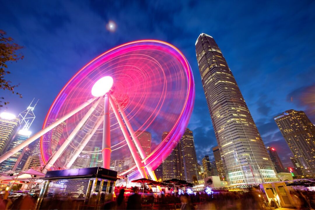 Hong Kong Observation Wheel & AIA Vitality Park by night with IFC at the back
