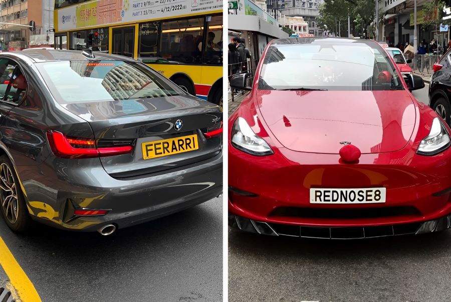Vanity plates spotted on a black BMW  and red Tesla in Hong Kong.