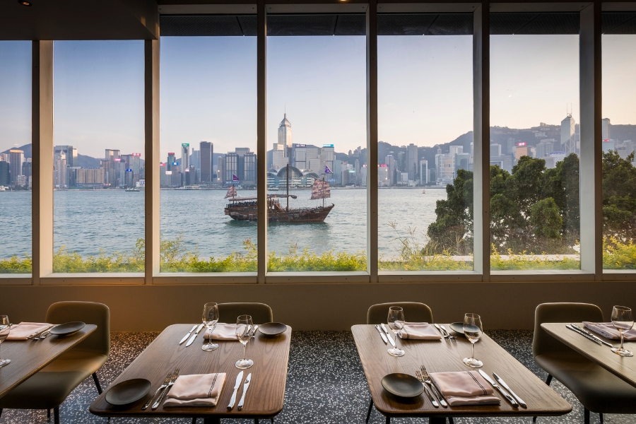 restaurant overlooking the Victoria Harbour and Hong Kong island. 