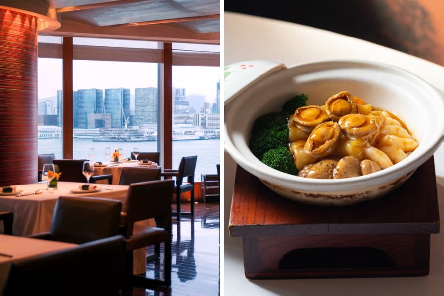 the main dining room has a harbour view, and a clay pot braised abalone, broccoli, shiitake mushroom