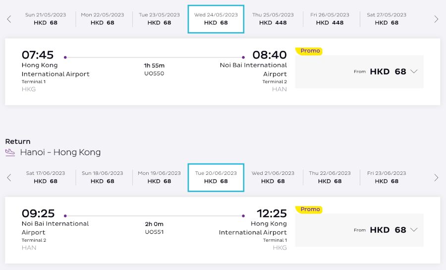 screenshot from hk express website showing one way flights from hong kong to hanoi for 68 hong kong dollars
