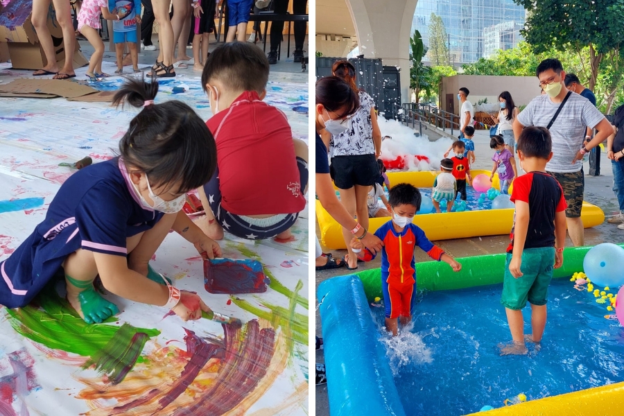 Kids can paint on paper or splash about in inflatable pools.