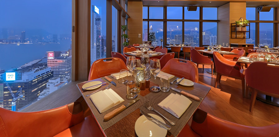 dining room with view of wan chai from wooloomooloo steakhouse