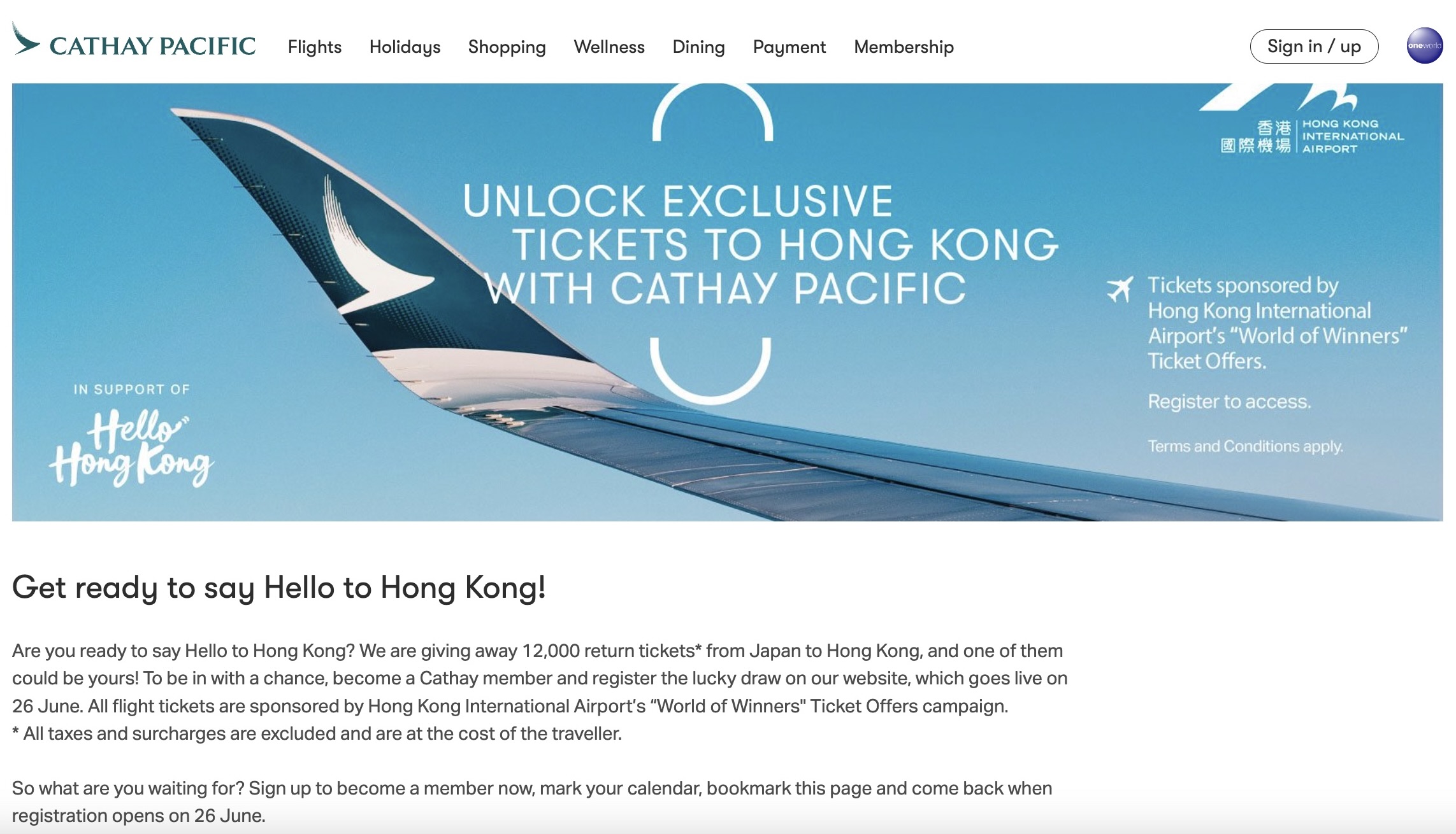 Registrations for the Cathay Pacific lucky draw for tickets from Japan to Hong Kong will open on June 26, 2023.