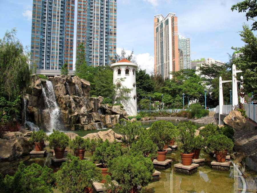 waterfall and nautical themed lookout tower in tsuen wan park hong kong