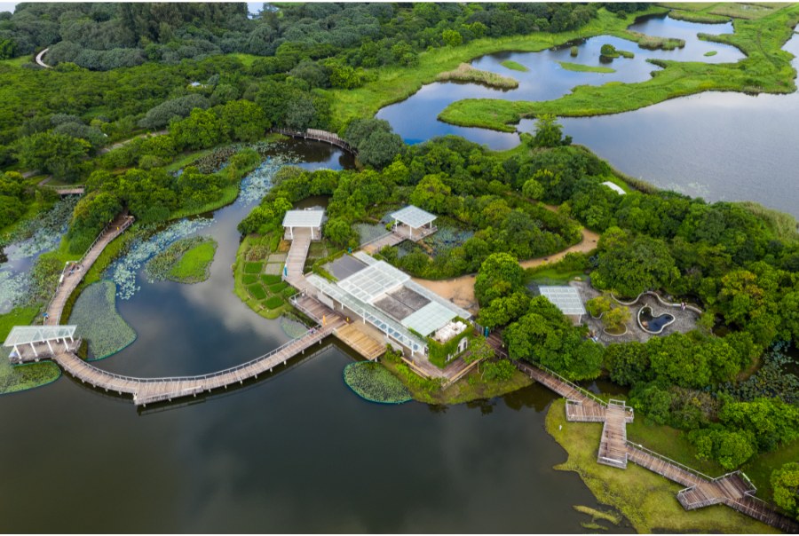 drone shot of hong kong wetland park's walking paths