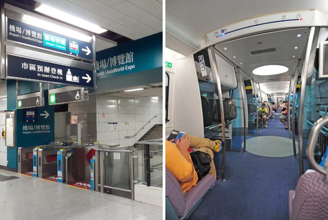 The Airport Express boarding point at Hong Kong MTR Station, and the interior of the Airport Express.