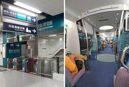 MTR Is Giving Away 75,000 Free Single-Journey Airport Express Tickets In July The Airport Express boarding point at Hong Kong MTR Station, and the interior of the Airport Express.