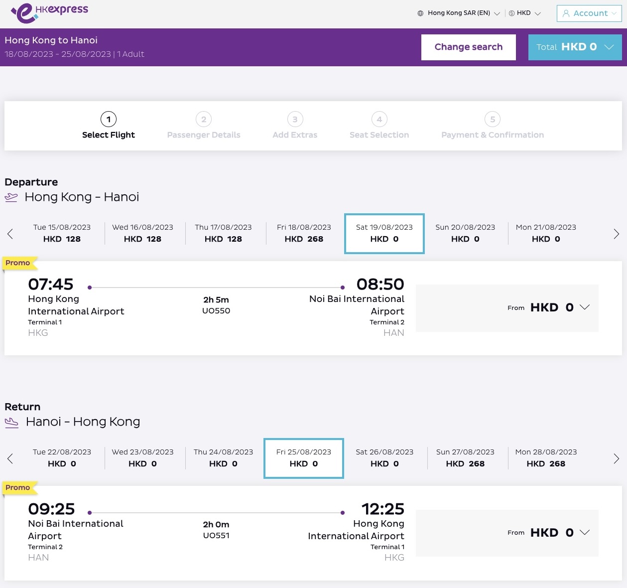 A screenshot from the HK Express website showing return fares on flights from August 18-December 12, 2023 as low as HK$0.