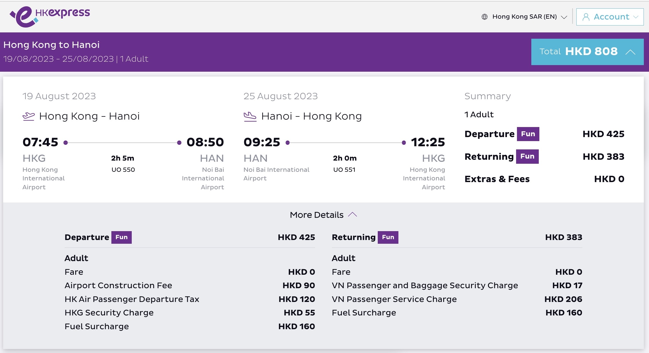 A screenshot from the HK Express website showing that passengers will have to pay a minimum of HK$808 by way of taxes, fees, and surcharges on tickets between Hong Kong and Hanoi.