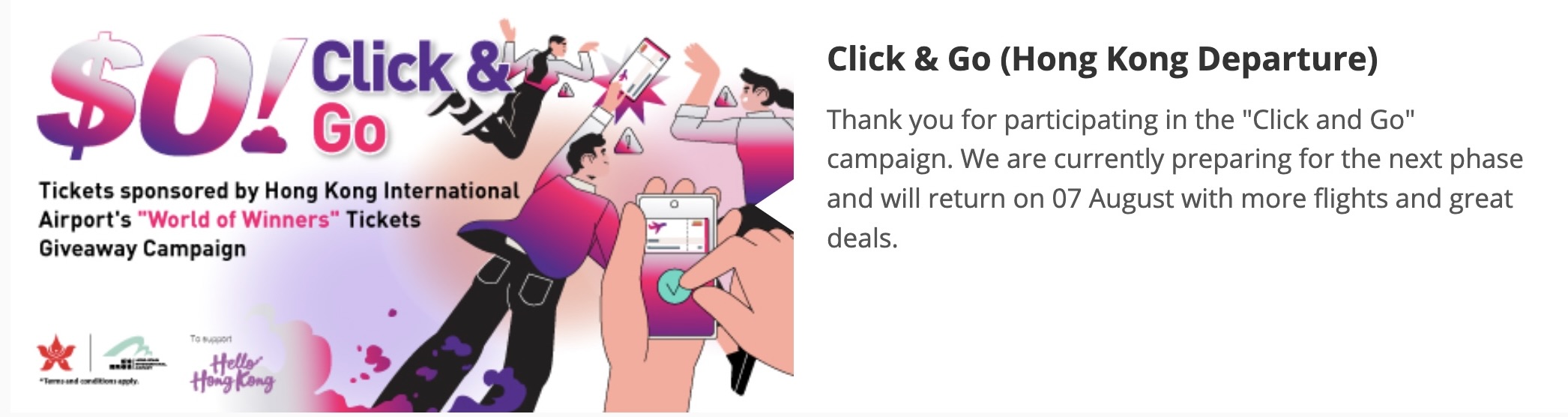 A screenshot from the Hong Kong Airlines website showing that the next round of the airline's Click & Go campaign will begin on August 2.