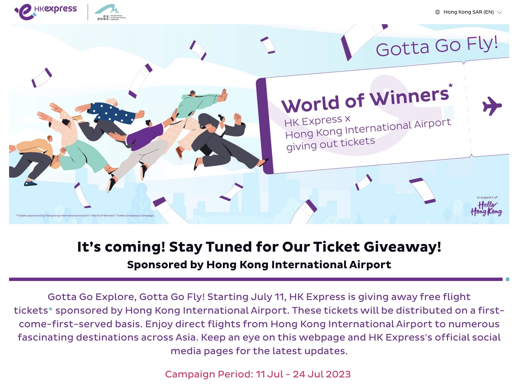 A screenshot from the HK Express campaign page stating that the airline will give away free tickets to passeners from Hong Kong from July 11-24.