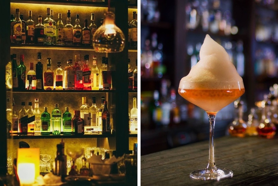A collage showing two images from Quinary. On the left are dimly lit shelves lined with a variety of bottles. On the right is a cocktail in a glass topped with foam.