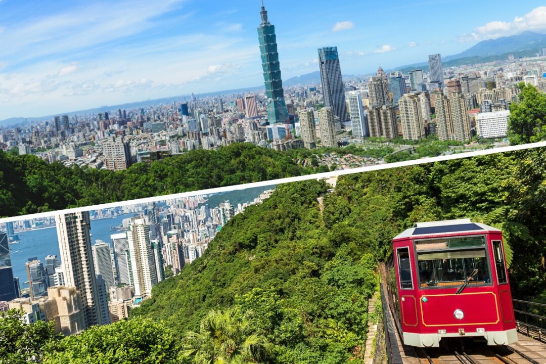 A collage comprising an image of th Taipei skyline (top) and the Hong Kong Peak Tram with Victoria Harbour in the background (bottom)